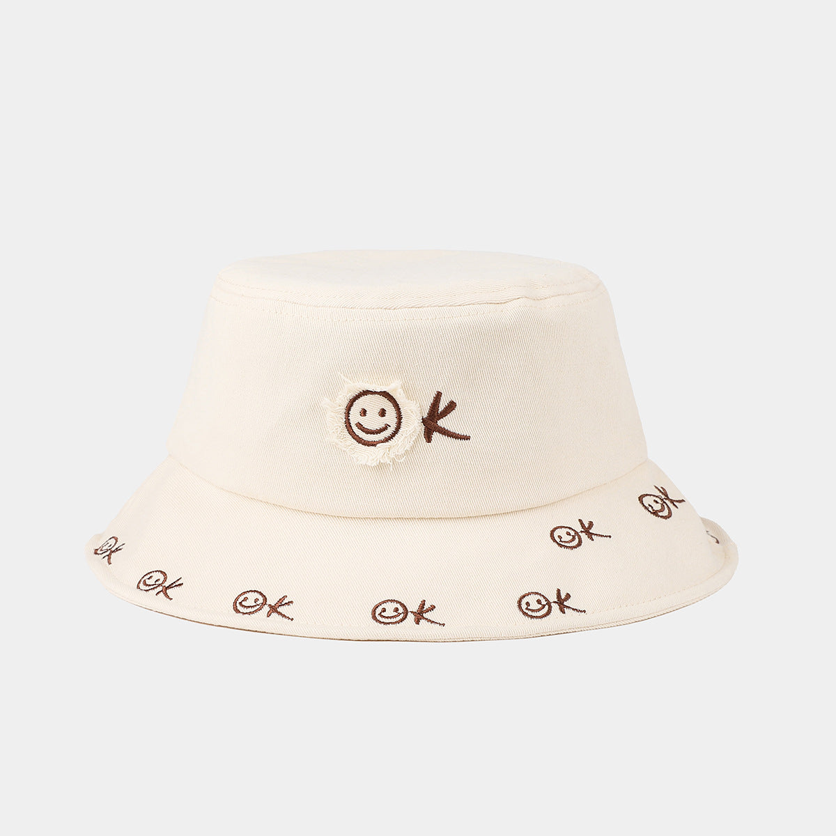 Smiley OK Embroidered Bucket Hat | Distressed Stitch Cotton Fisherman Cap | Cute Streetwear Hat
