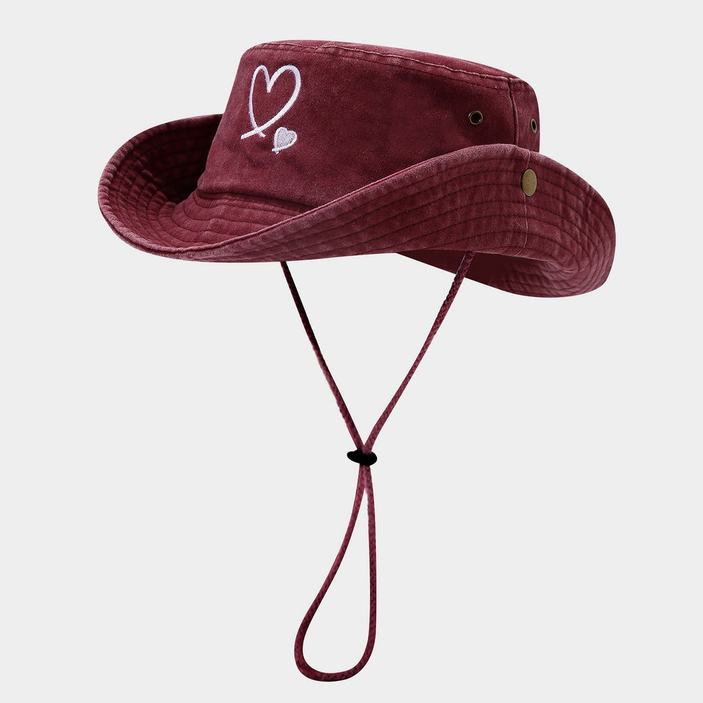 Heart Embroidered Bucket Hat | Washed Cotton Outdoor Cap