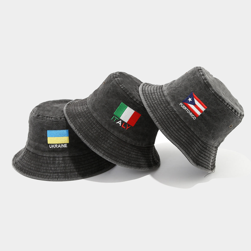 Vintage Flag Embroidery Bucket Hat | Washed Cotton Fisherman Cap | Byerclub