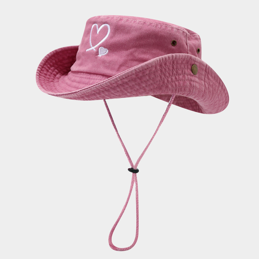 Heart Embroidered Bucket Hat | Washed Cotton Outdoor Cap