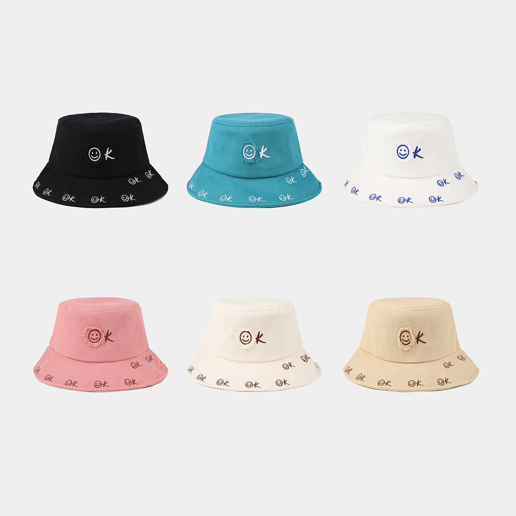 Smiley OK Embroidered Bucket Hat | Distressed Stitch Cotton Fisherman Cap | Cute Streetwear Hat