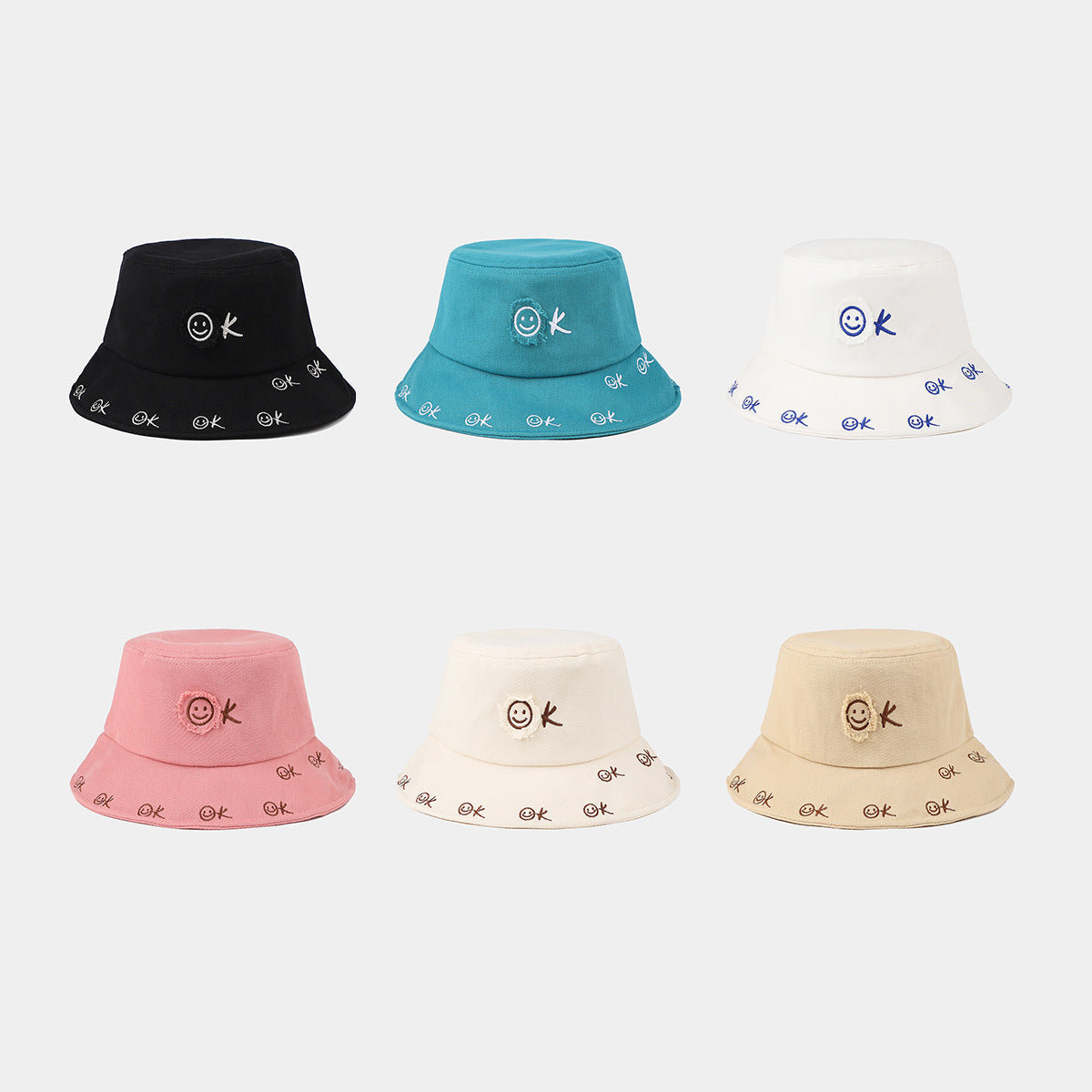 Smiley OK Embroidered Bucket Hat | Distressed Stitch Cotton Fisherman Cap | Cute Streetwear Hat